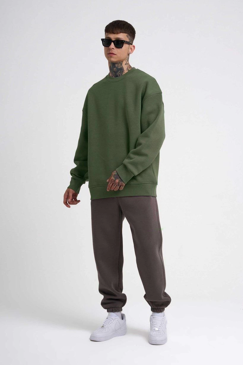 ERKEK Biskilet Yaka Üç İplik SweatShirt - Haki