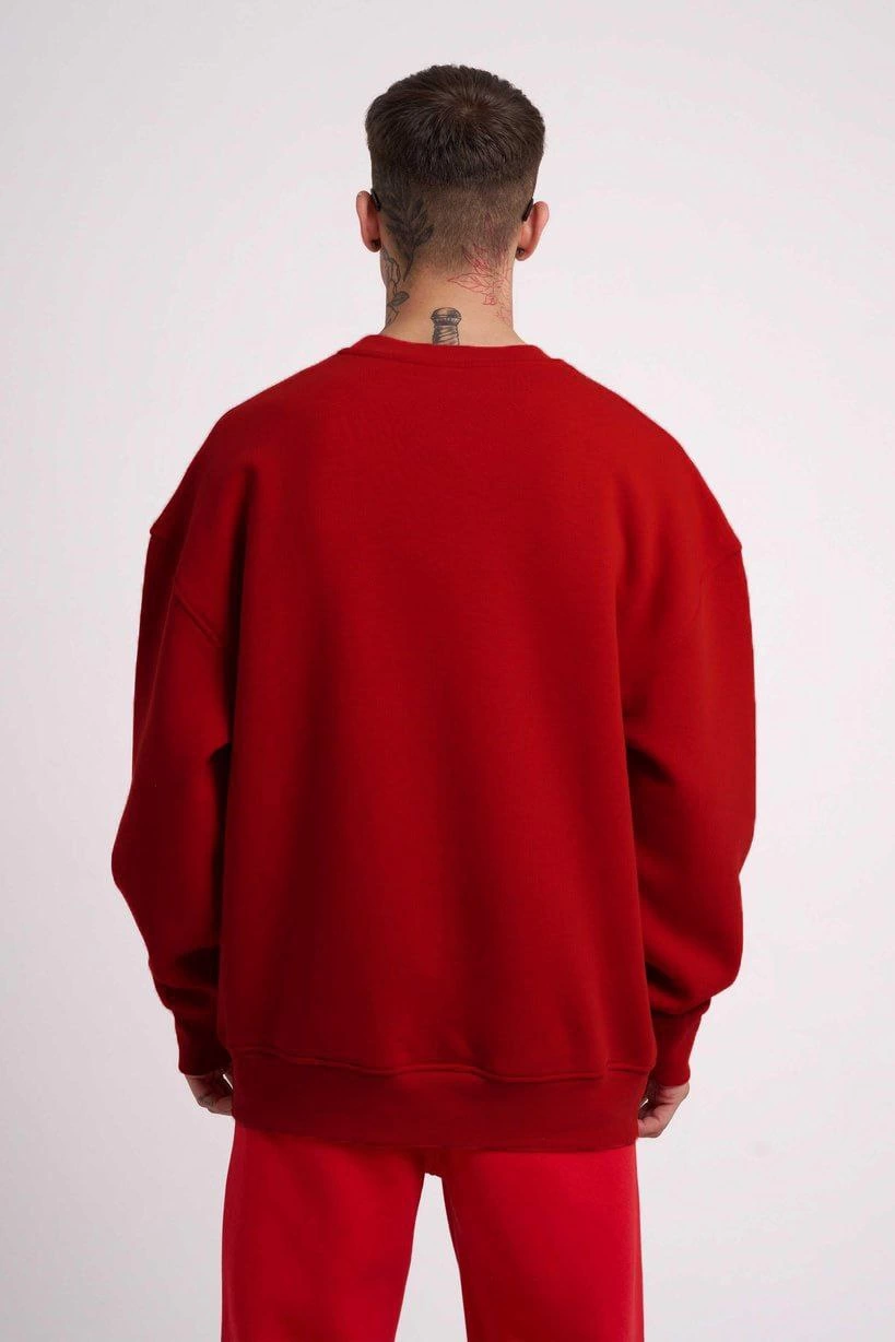Erkek Biskilet Yaka Üç İplik SweatShirt - Kırmızı
