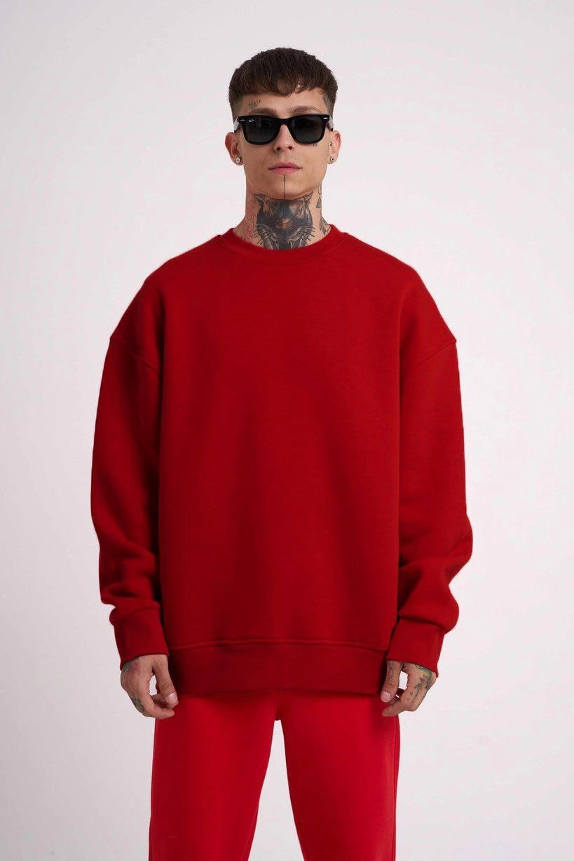 Erkek Biskilet Yaka Üç İplik SweatShirt - Kırmızı