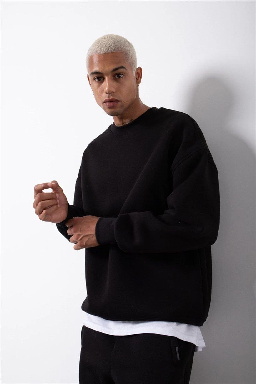 ERKEK Biskilet Yaka Üç İplik SweatShirt - Siyah