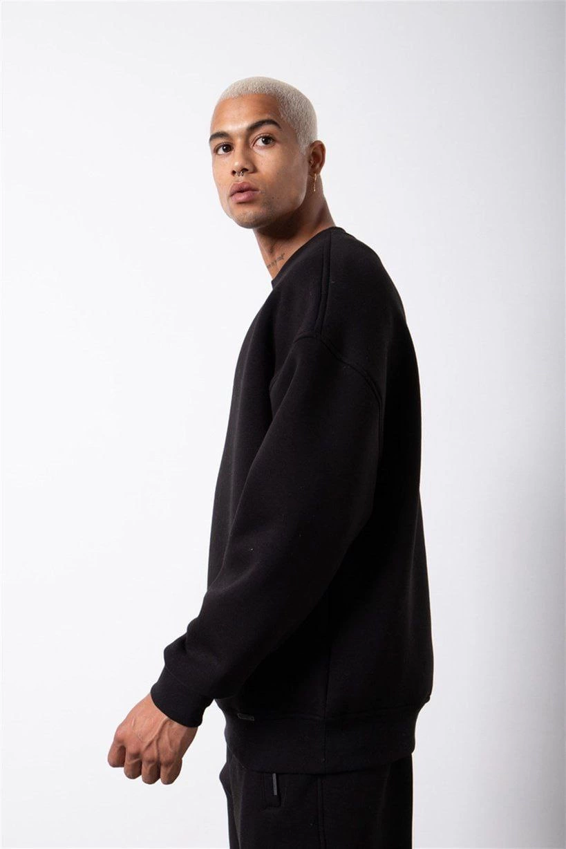 ERKEK Biskilet Yaka Üç İplik SweatShirt - Siyah