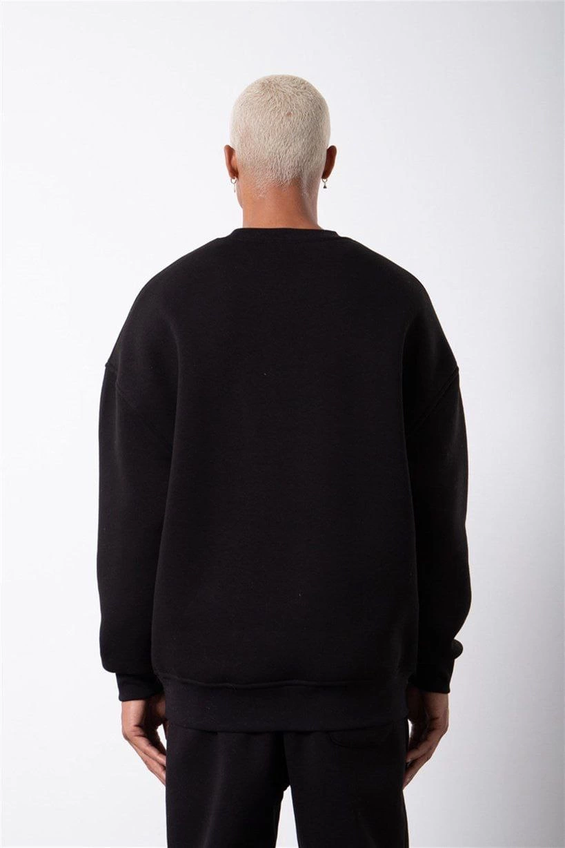 ERKEK Biskilet Yaka Üç İplik SweatShirt - Siyah