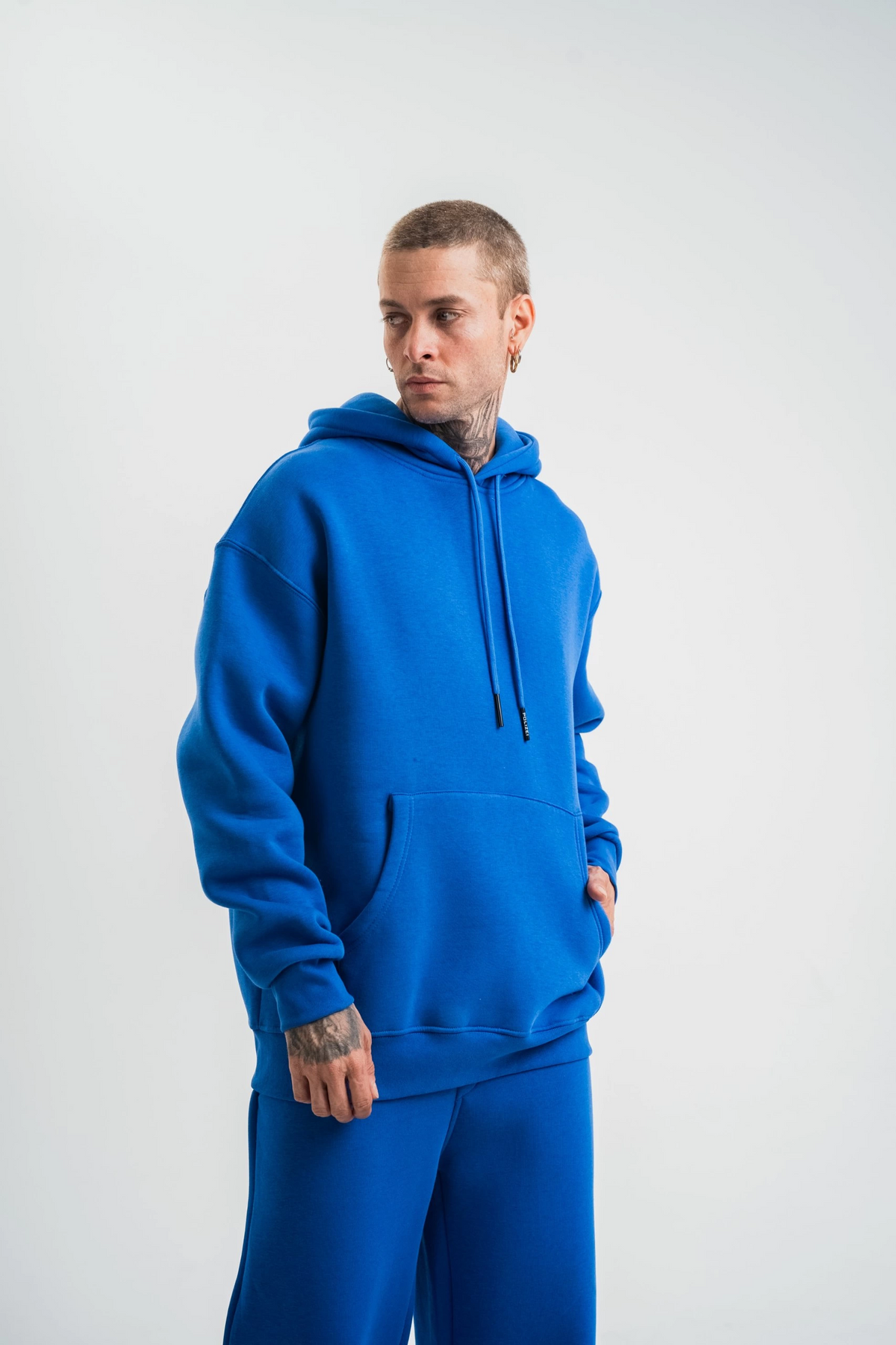 ERKEK 3 İplik Oversize Kapşonlu Basic SweatShirt Hoodie - Mavi