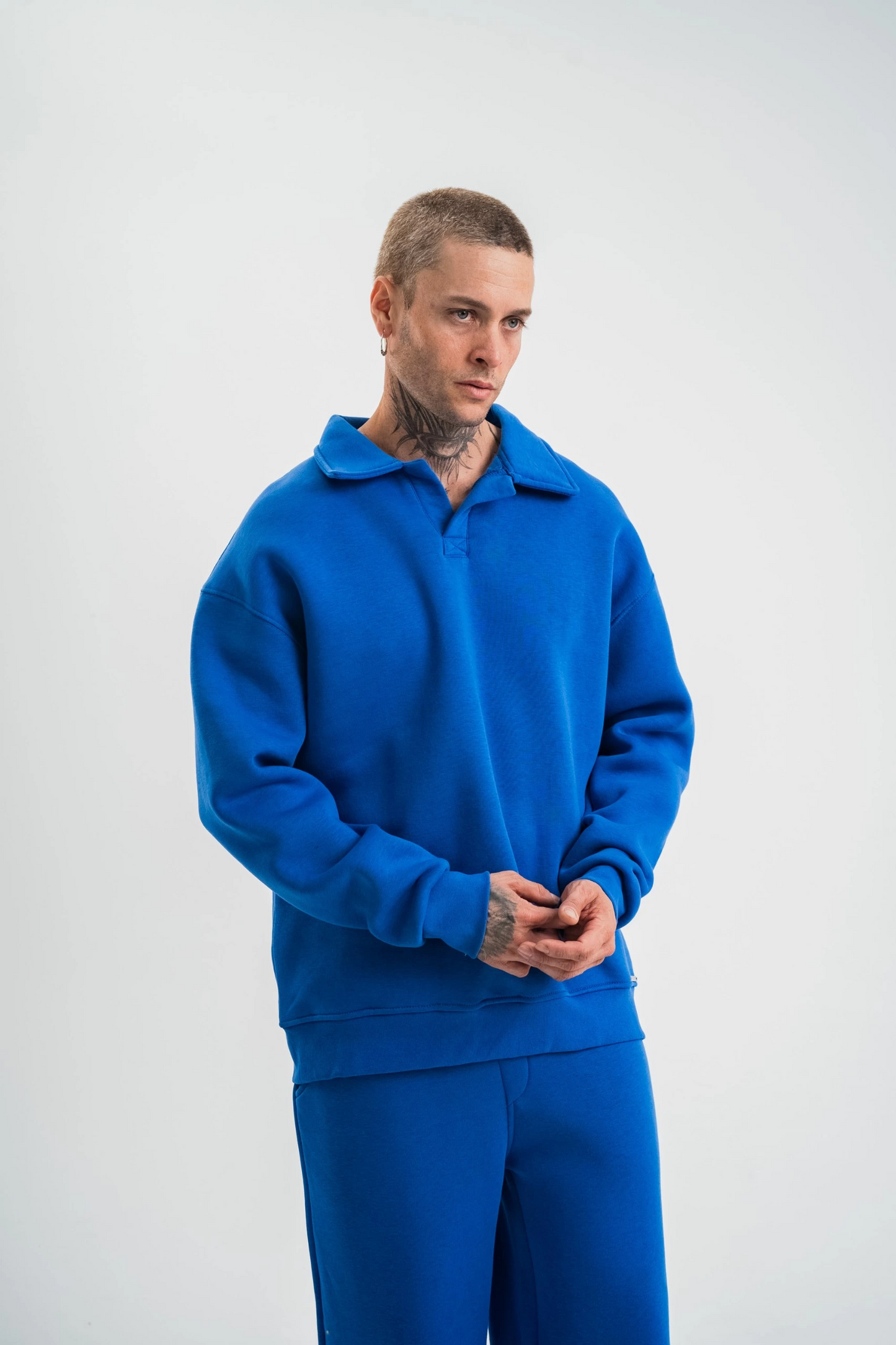 Erkek Patlı Yaka Üç İplik Pamuklu Sweatshirt Double Oversize Rahat Kalıp Günlük Kullanım - Mavi
