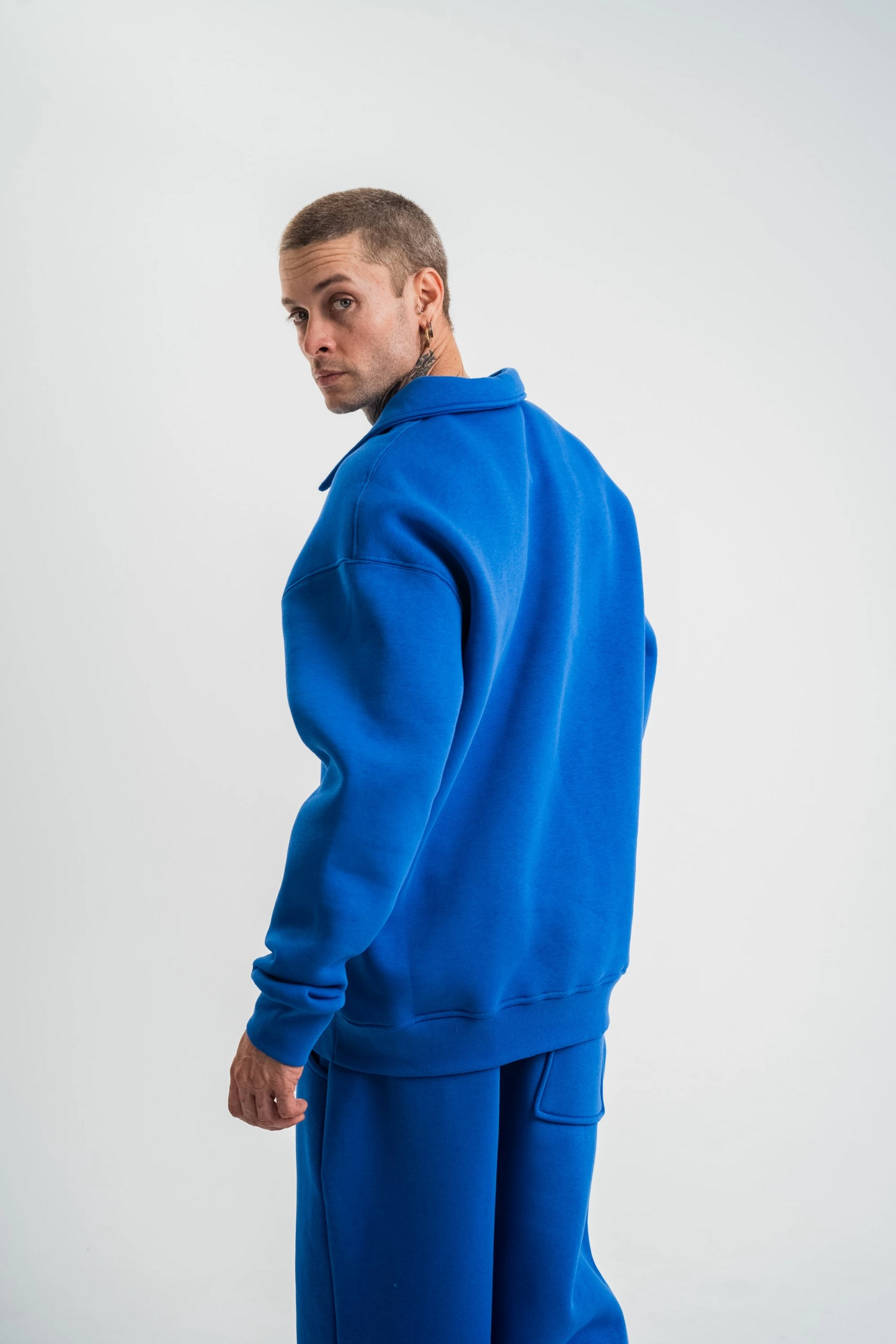Erkek Patlı Yaka Üç İplik Pamuklu Sweatshirt Double Oversize Rahat Kalıp Günlük Kullanım - Mavi