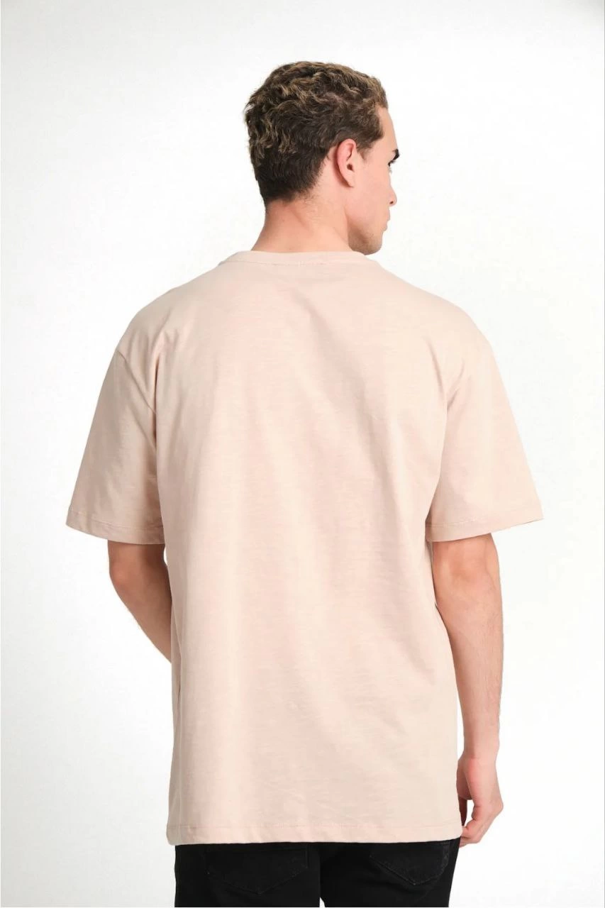 ERKEK Düz Biskilet Yaka Oversize T-shirt - Bej