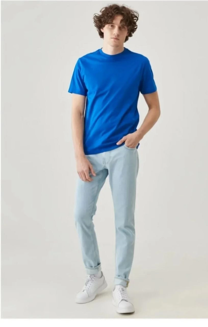 ERKEK Düz Biskilet Yaka Oversize T-shirt - Mavi