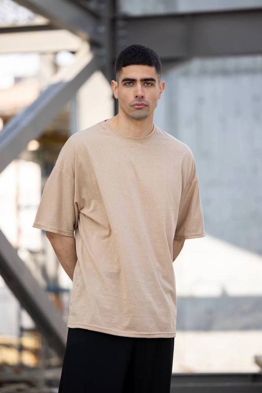Erkek Düz T-Shirt Kısa Kol Bisiklet Yaka Regular Fit Rahat Kalıp Günlük Tişört - Bej