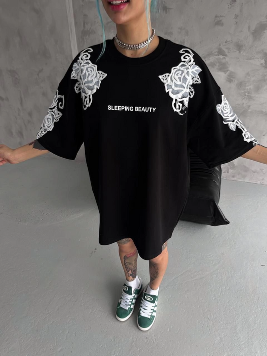 Kadın Baskılı ovarsize  Kısa kol T-Shirt - Siyah