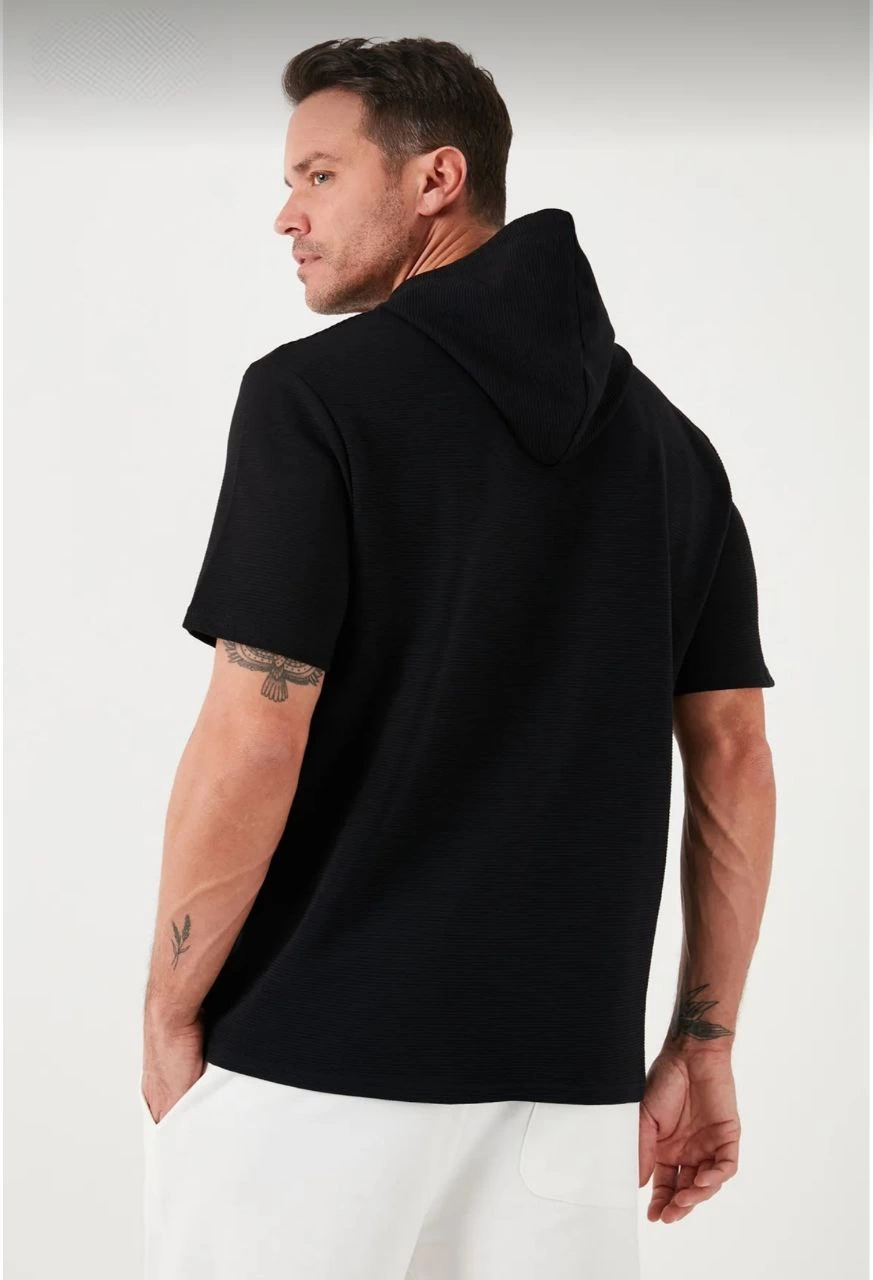 Erkek  Kapşonlu Kısa Kol Düz Oversize T-shirt - Siyah