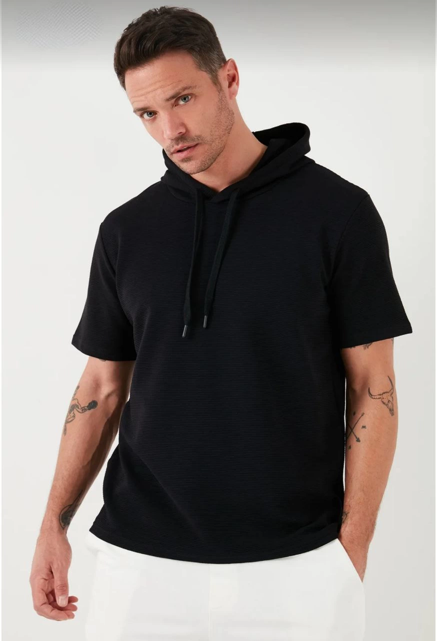 Erkek  Kapşonlu Kısa Kol Düz Oversize T-shirt - Siyah