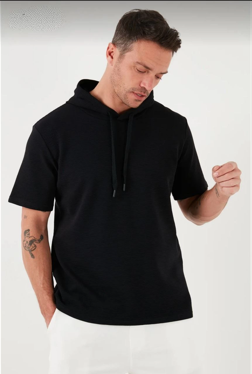 Erkek  Kapşonlu Kısa Kol Düz Oversize T-shirt - Siyah
