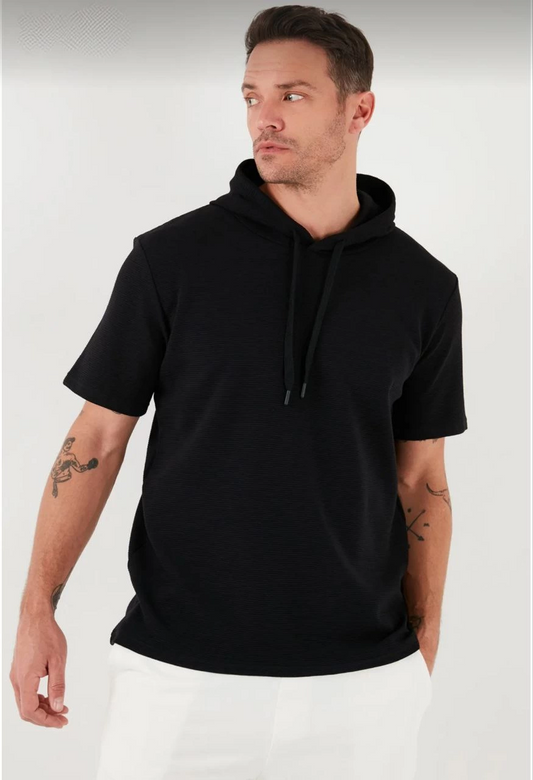 Erkek  Kapşonlu Kısa Kol Düz Oversize T-shirt - Siyah