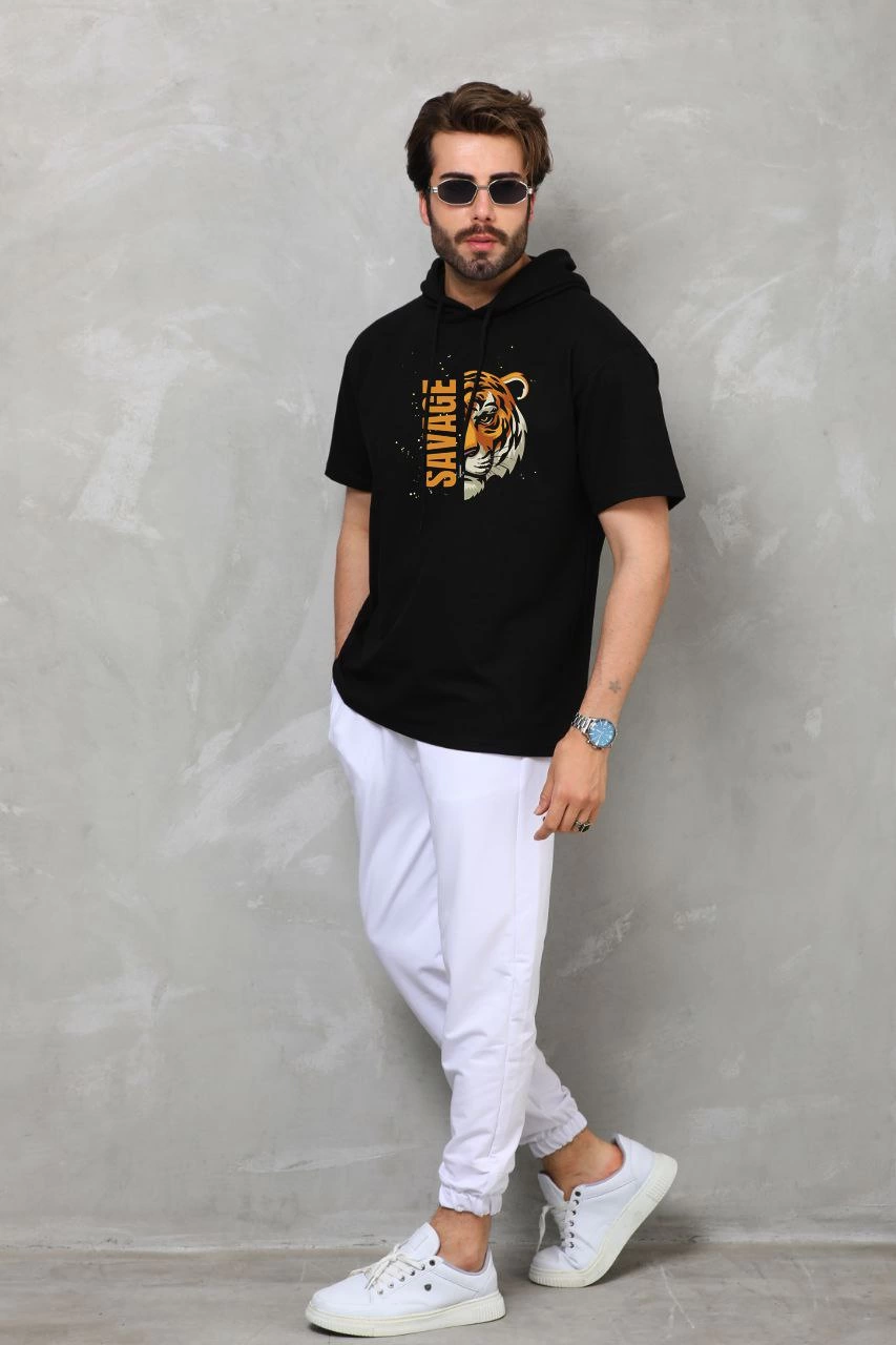 Erkek Kapşonlu Kısa Kol Oversize Baskılı T-Shirt - Siyah