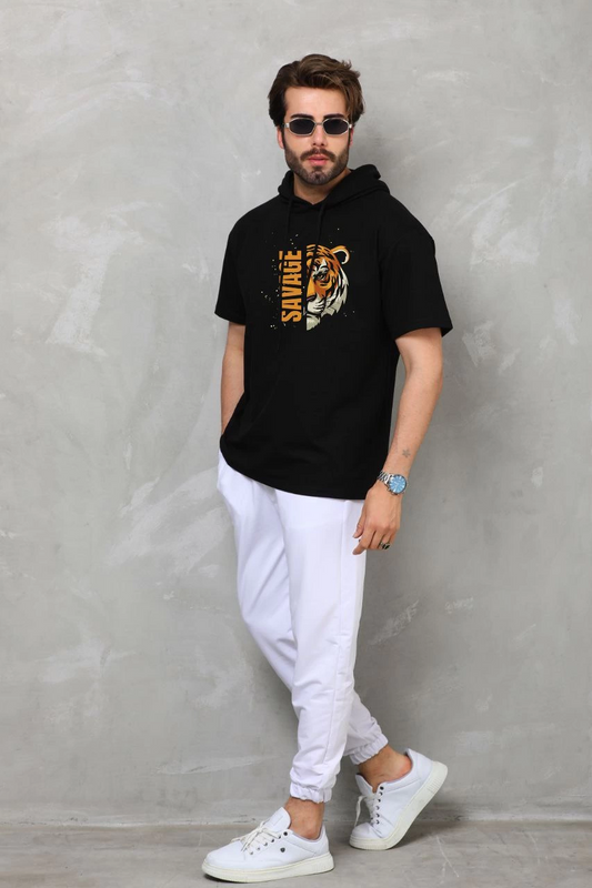 Erkek Kapşonlu Kısa Kol Oversize Baskılı T-Shirt - Siyah