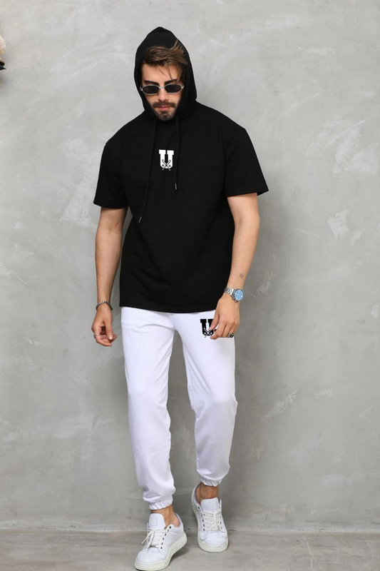 Erkek  Kapşonlu Oversize T-Shirt Takım - Siyah