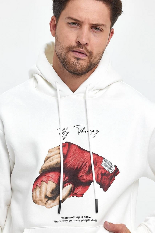 ERKEK Kapüşonlu Üç İplik Oversize Baskılı Sweatshirt - Beyaz
