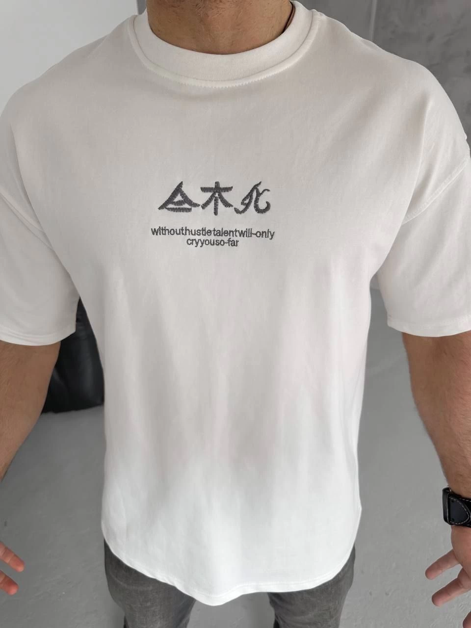 Erkek Bisiklet yaka Baskılı T-Shirt - Beyaz