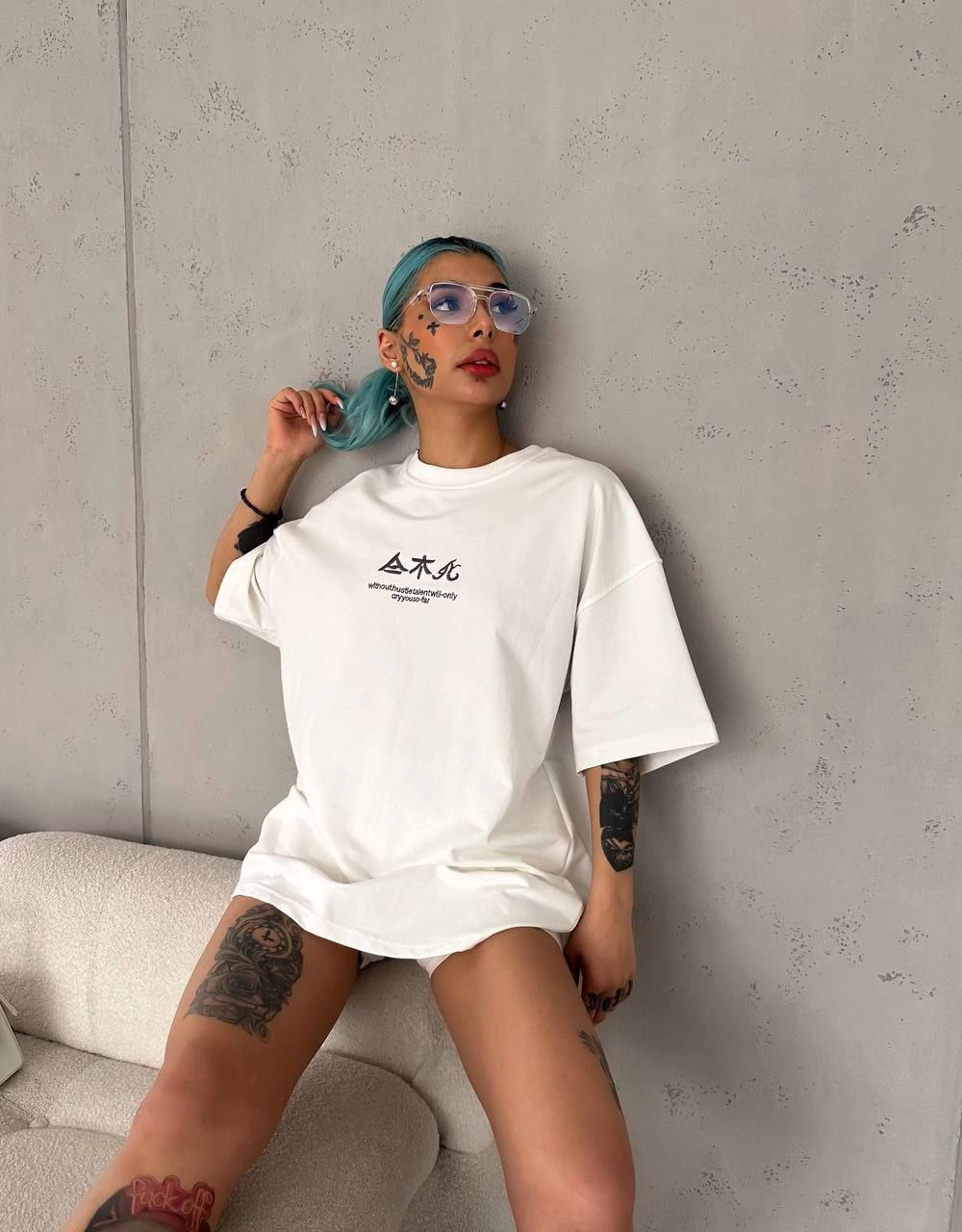 Kadın Baskılı Kısa kol Oversize T-Shirt - Beyaz