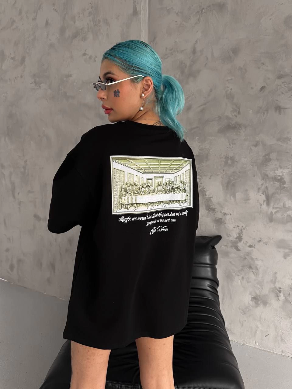 Kadın Baskılı T-Shirt Kısa Kol Bisiklet Yaka Ovarsize Rahat Kalıp Günlük Tişört - Siyah
