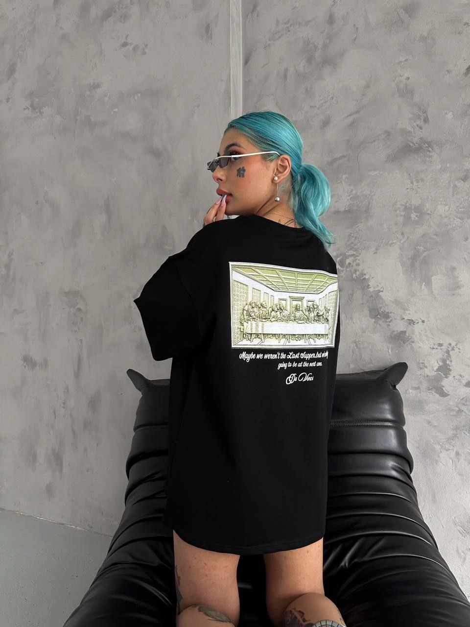 Kadın Baskılı T-Shirt Kısa Kol Bisiklet Yaka Ovarsize Rahat Kalıp Günlük Tişört - Siyah