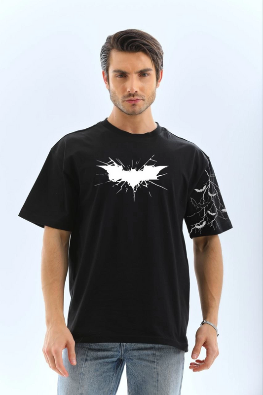 ERKEK Bisiklet yaka tişort Ön ve Kol Yarasa Baskılı T-shirt  - Siyah