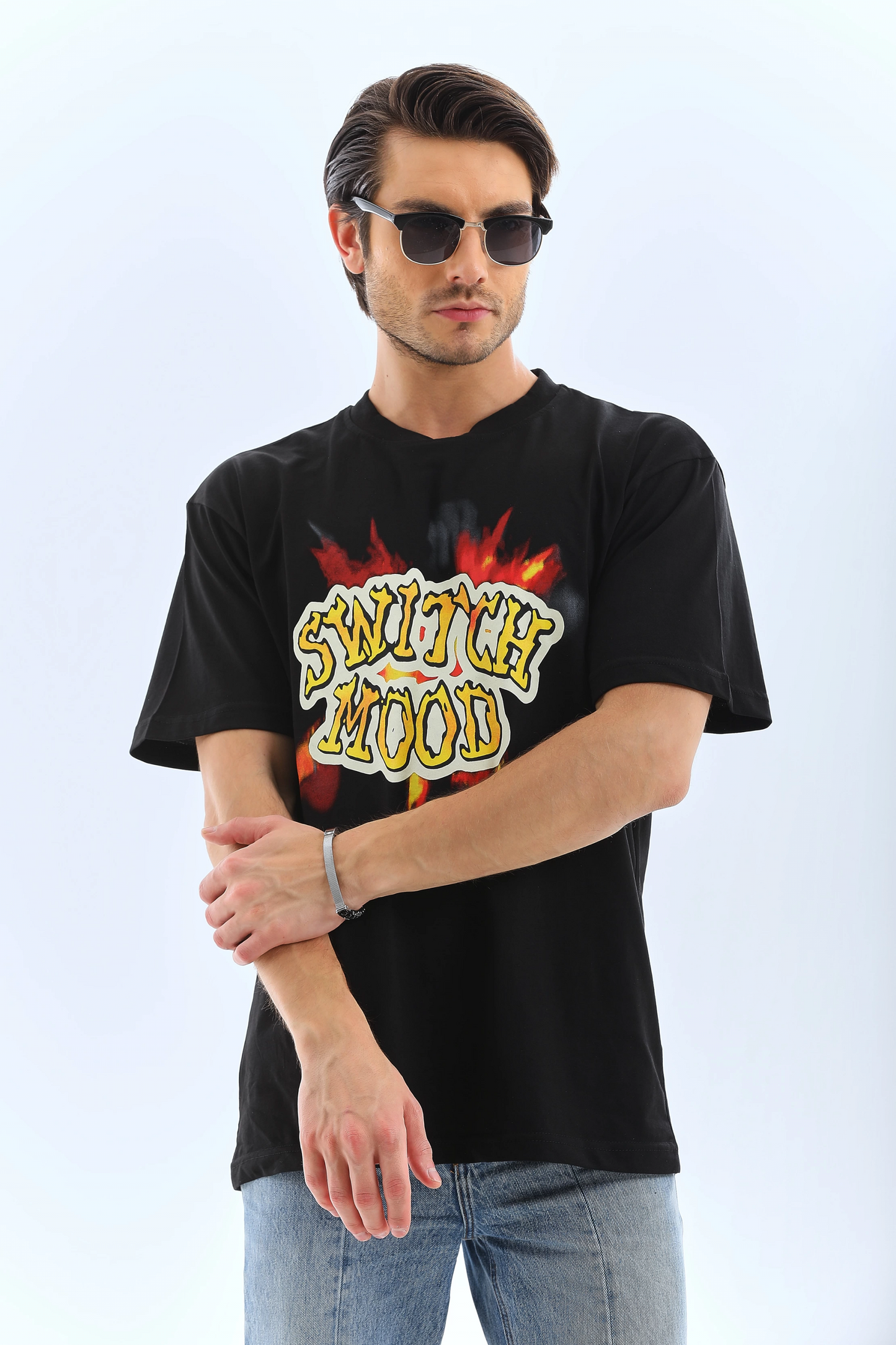 ERKEK Oversize ön ve Arka Baskılı Bisiklet Yaka  Kısa kol T-Shirt - Siyah