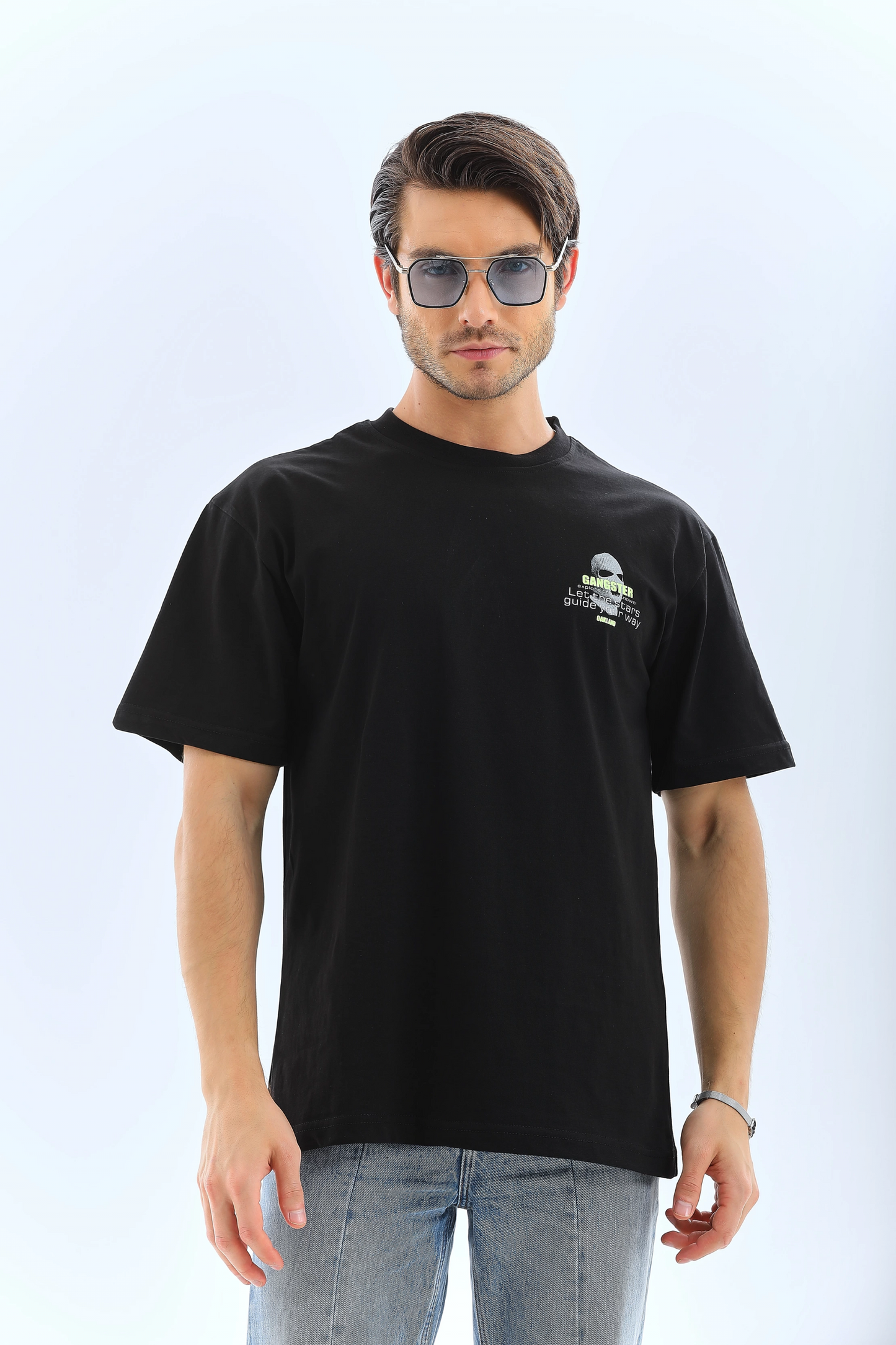 Erkek Baskılı Bisiklet Yaka Kısa kol T-Shirt - Siyah