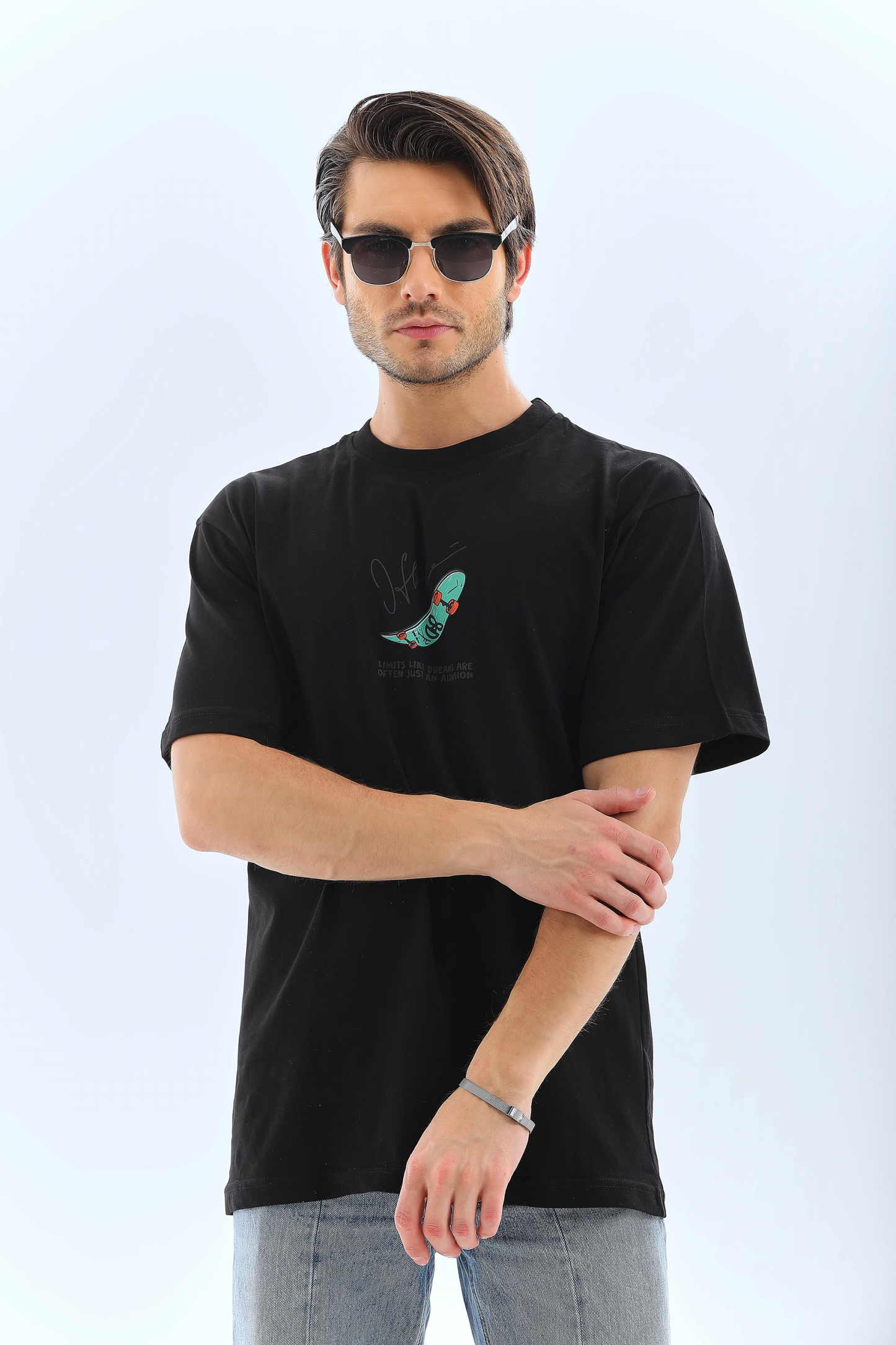 Erkek Kısa Kol Baskılı Bisiklet Yaka T-Shirt - Siyah
