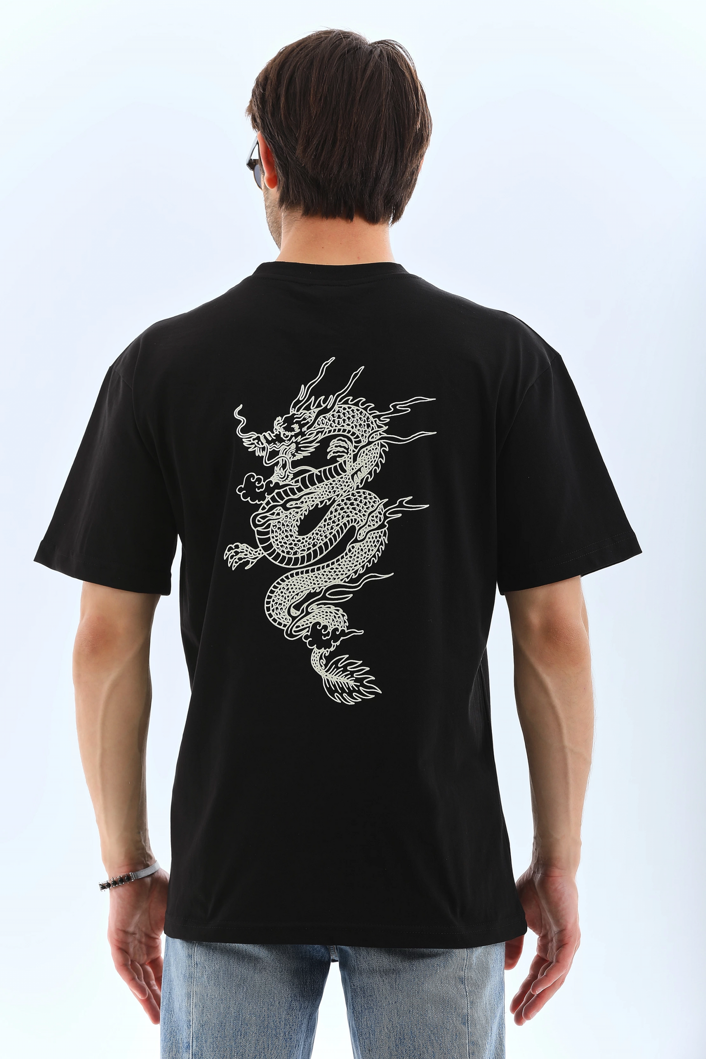 ERKEK Oversize ön ve Arka Baskılı Bisiklet Yaka  Kısa kol T-Shirt - Siyah