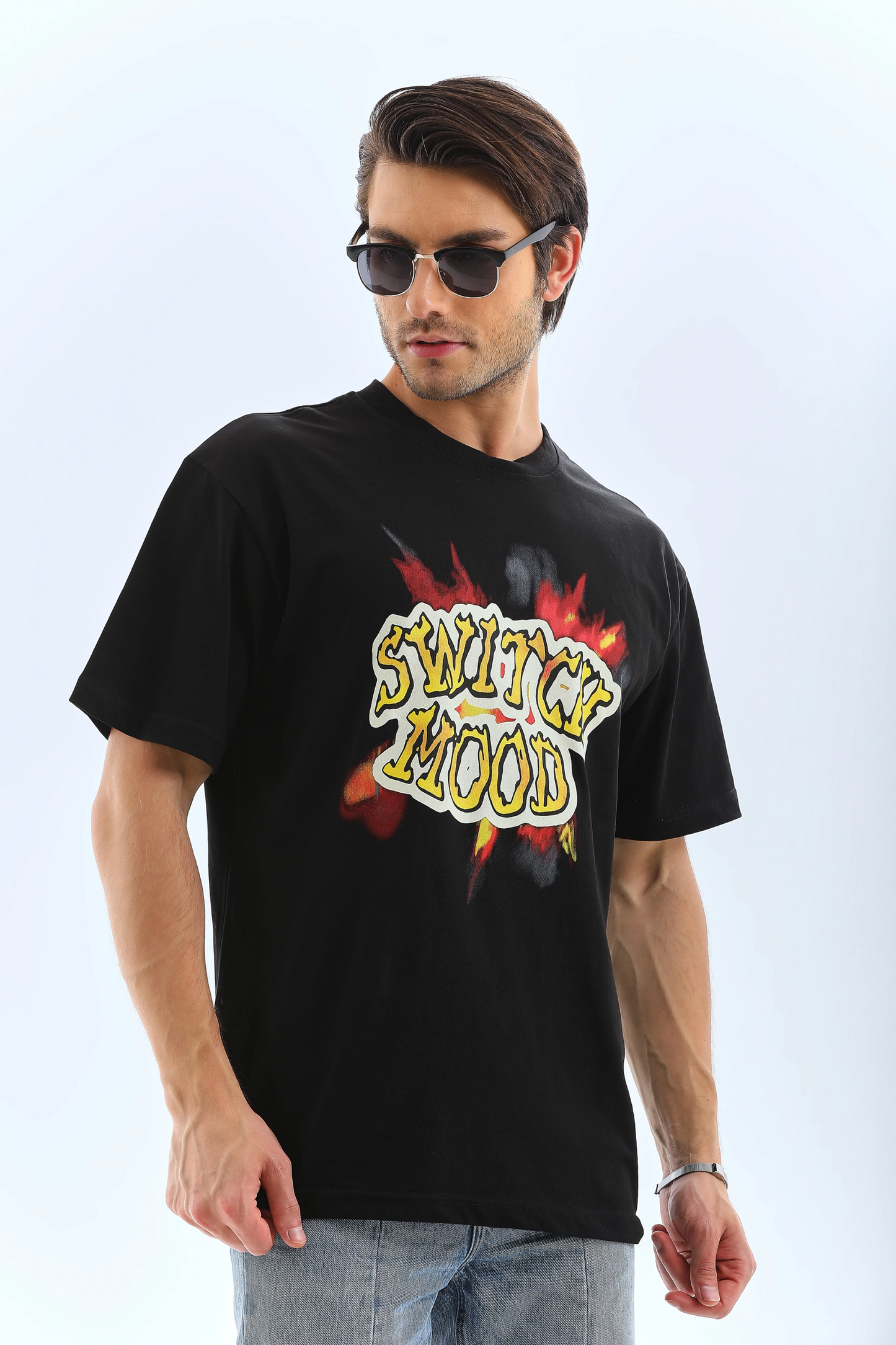 ERKEK Oversize ön ve Arka Baskılı Bisiklet Yaka  Kısa kol T-Shirt - Siyah