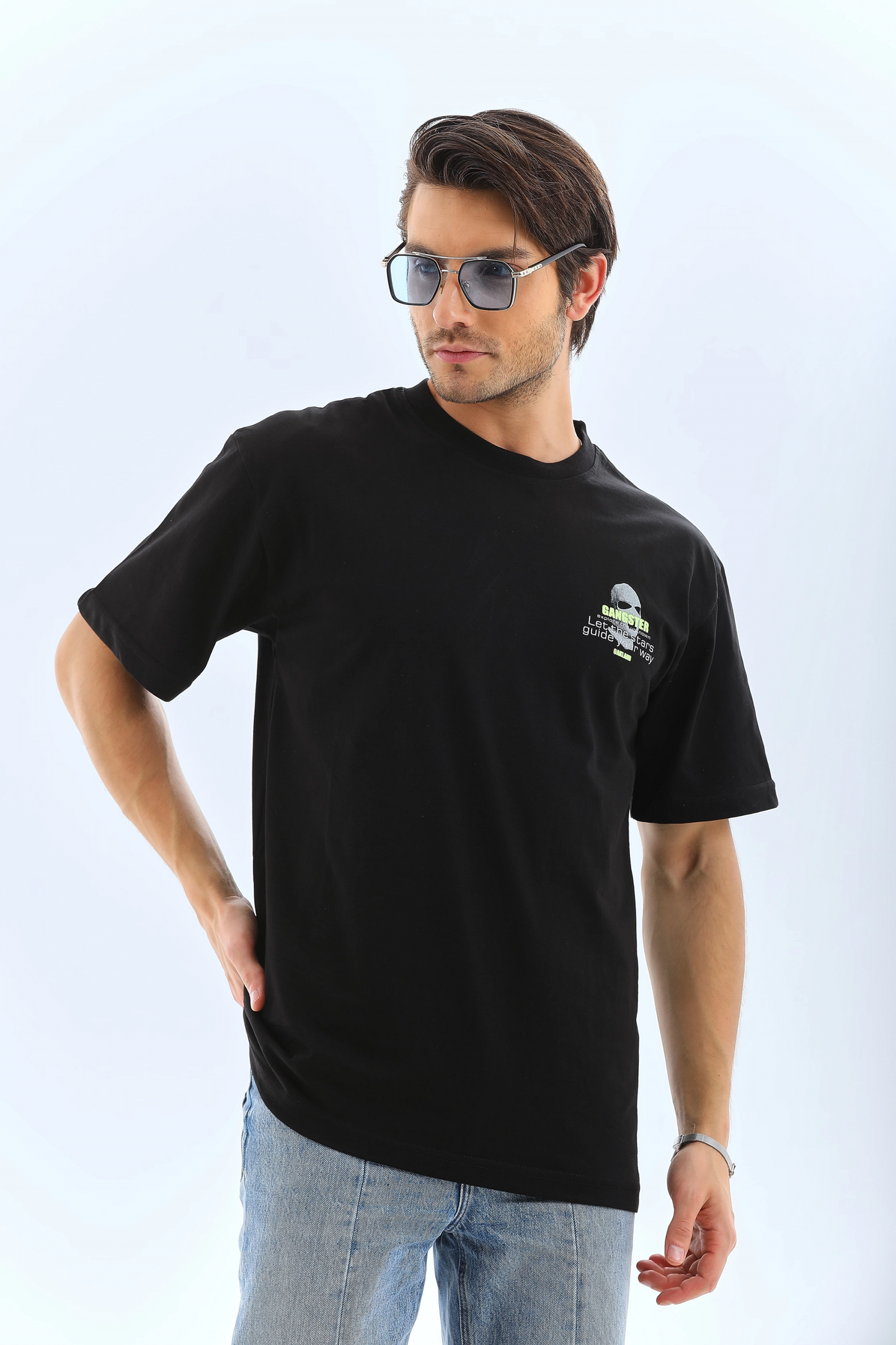Erkek Baskılı Bisiklet Yaka Kısa kol T-Shirt - Siyah