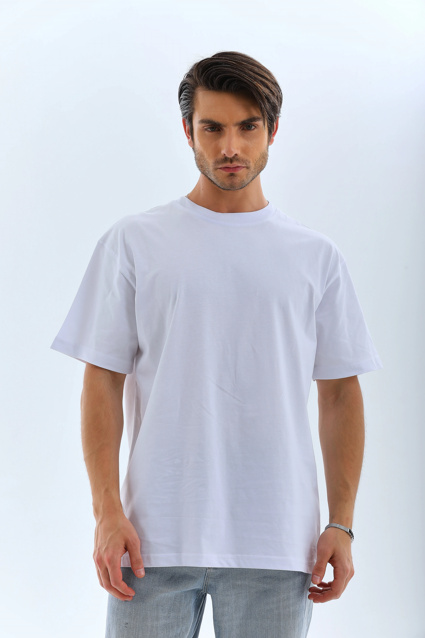 Erkek Düz Yazlık Kısa Kol Tişort Bisiklet Yaka Ovarsize T-Shirt -  Beyaz