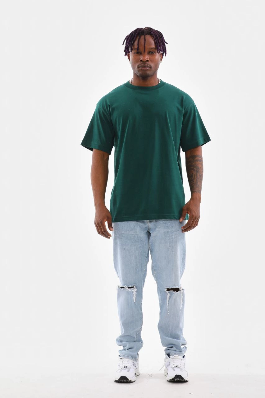 Erkek Düz Yazlık Kısa Kol Tişort Bisiklet Yaka Ovarsize T-Shirt -  Koyu Yeşil