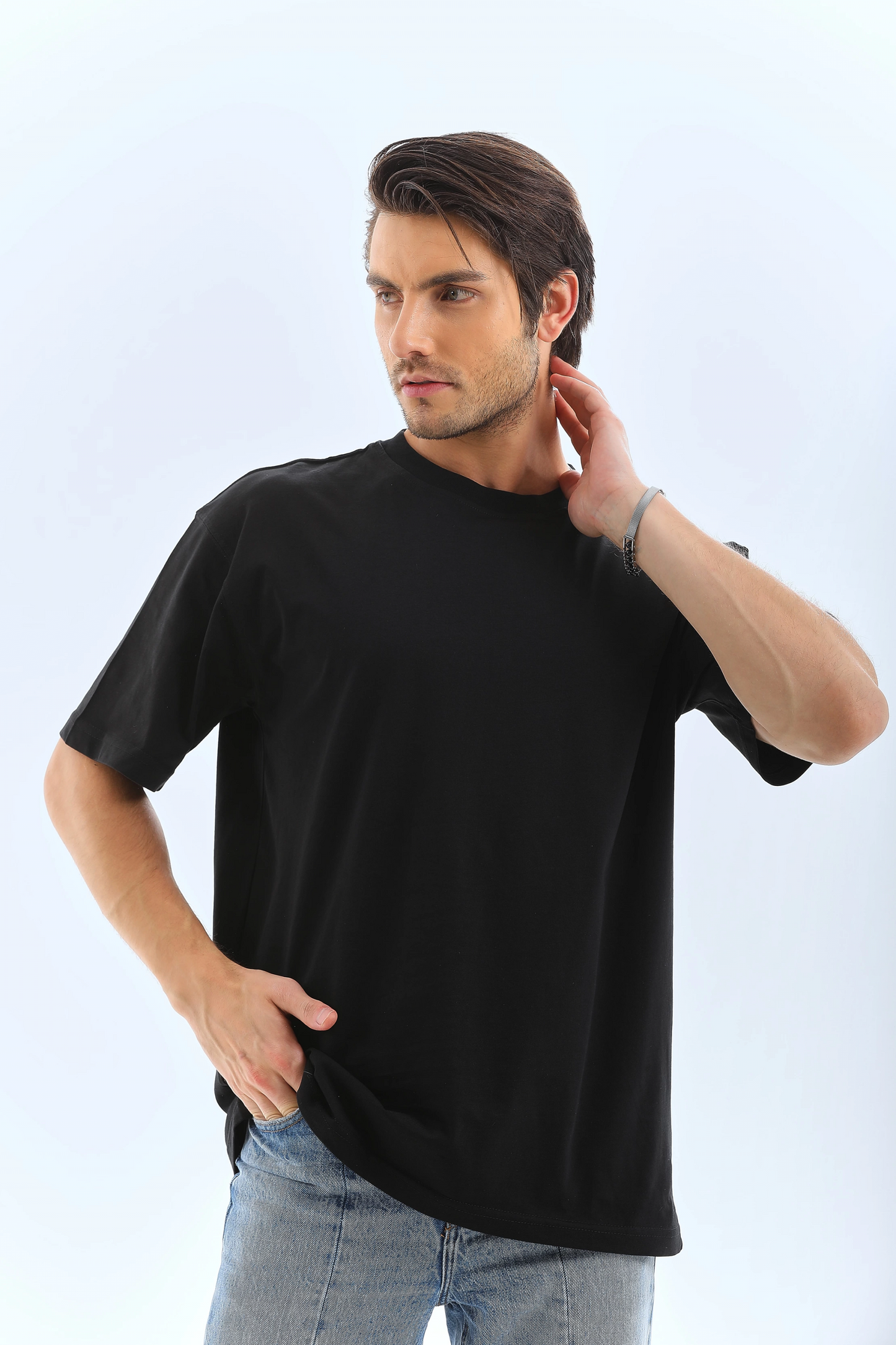 Erkek Düz Yazlık Kısa Kol Tişort Bisiklet Yaka Ovarsize T-Shirt - Siyah