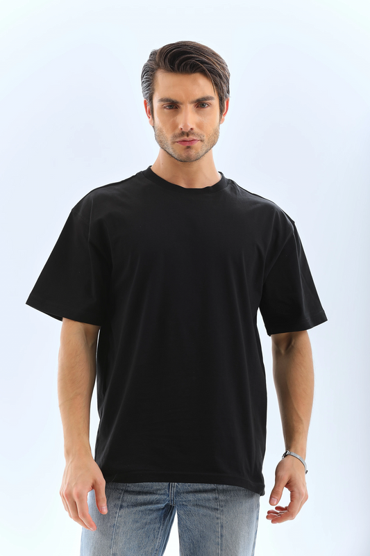 Erkek Düz Yazlık Kısa Kol Tişort Bisiklet Yaka Ovarsize T-Shirt - Siyah