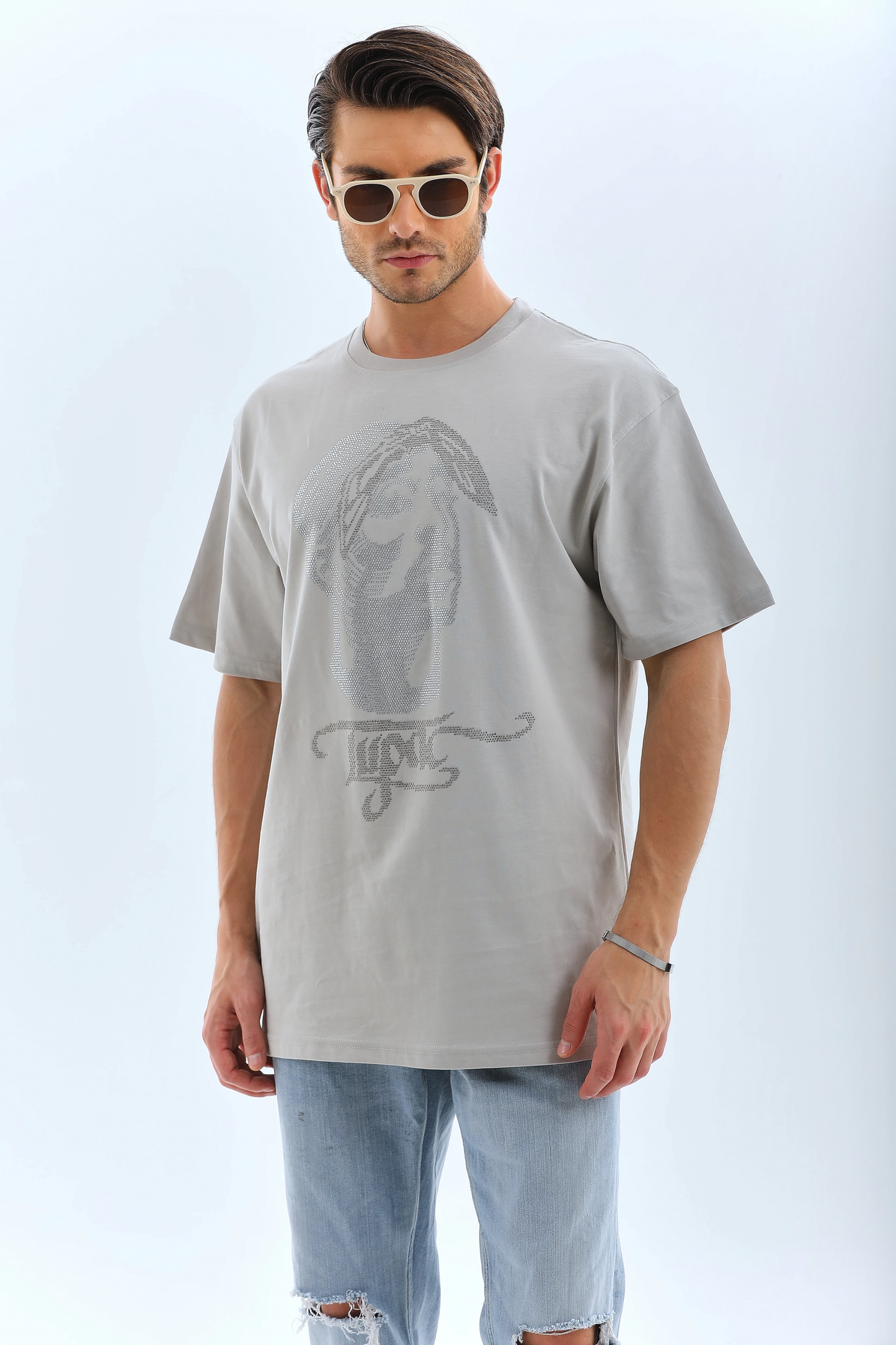 ERKEK Oversize Taşlı Bisiklet Yaka  Kısa kol T-Shirt - Gri