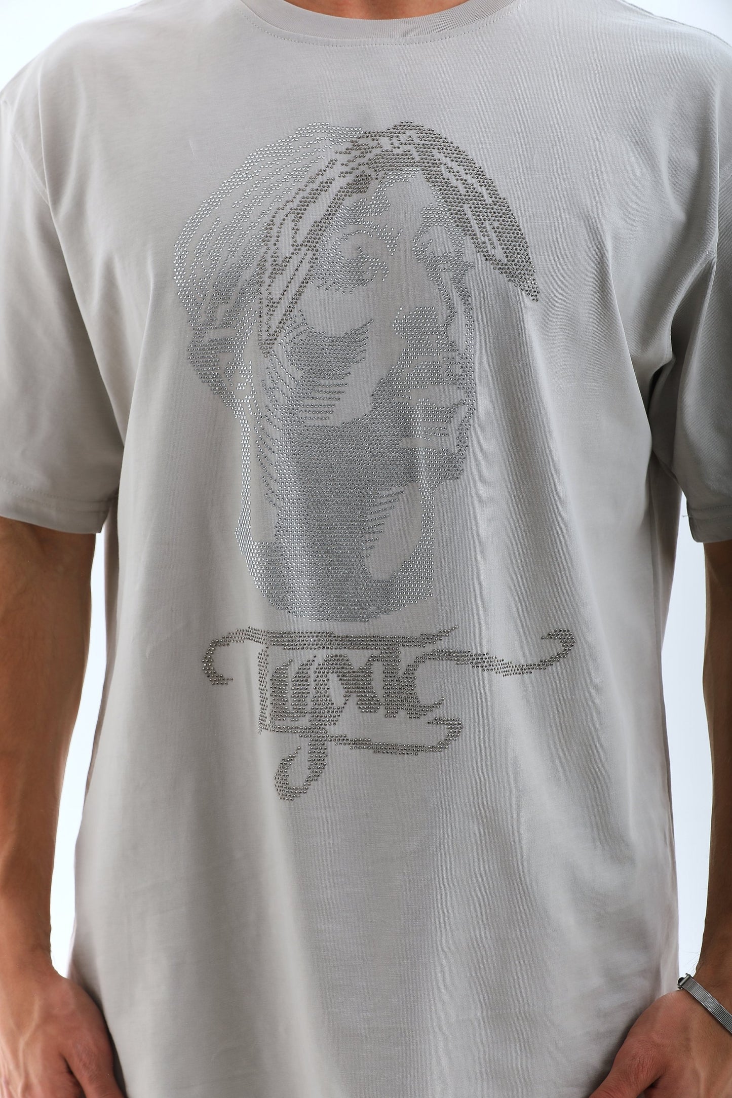 ERKEK Oversize Taşlı Bisiklet Yaka  Kısa kol T-Shirt - Gri