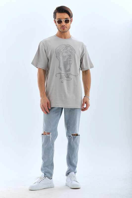 ERKEK Oversize Taşlı Bisiklet Yaka  Kısa kol T-Shirt - Gri