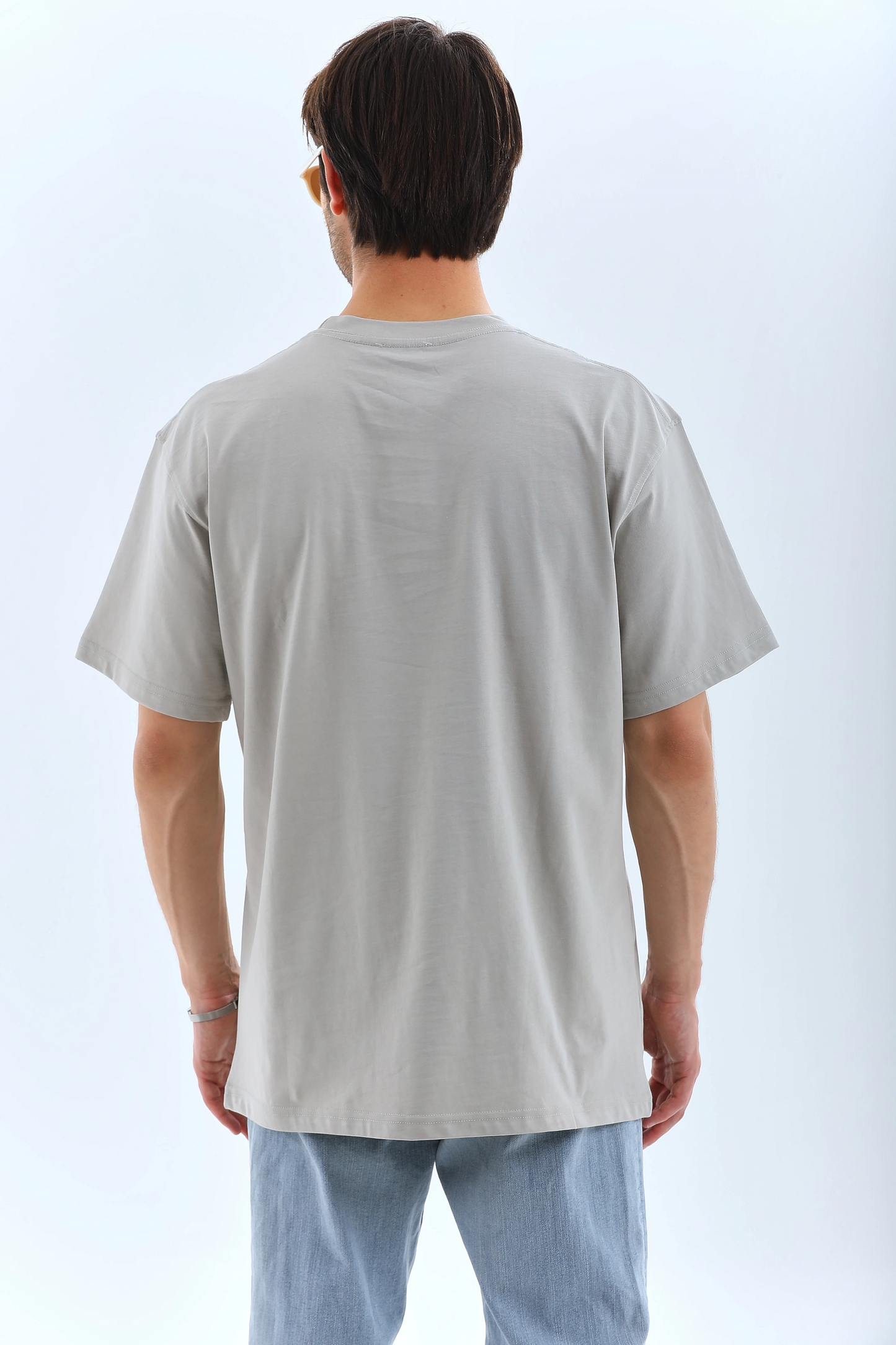 ERKEK Oversize Taşlı Bisiklet Yaka  Kısa kol T-Shirt - Gri