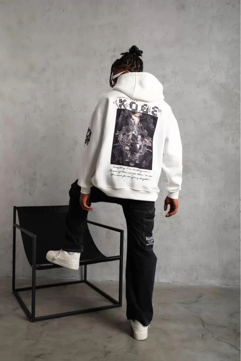 ERKEK Sırt Baskılı Kapüşonlu Üç İplik Oversize Sweatshirt - Beyaz