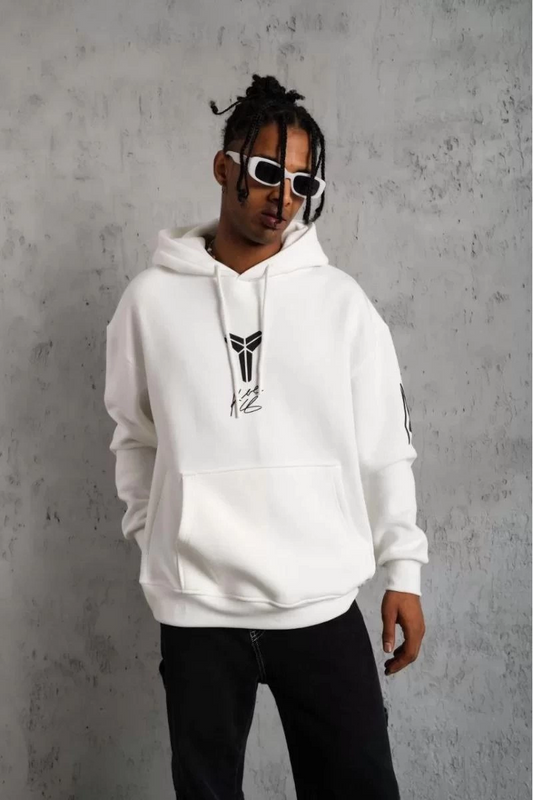 ERKEK Sırt Baskılı Kapüşonlu Üç İplik Oversize Sweatshirt - Beyaz