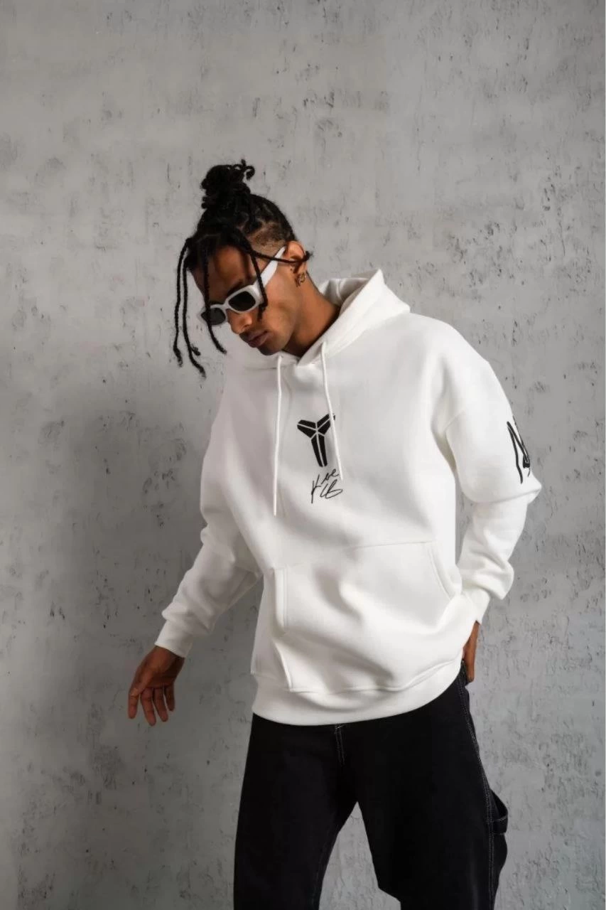 ERKEK Sırt Baskılı Kapüşonlu Üç İplik Oversize Sweatshirt - Beyaz