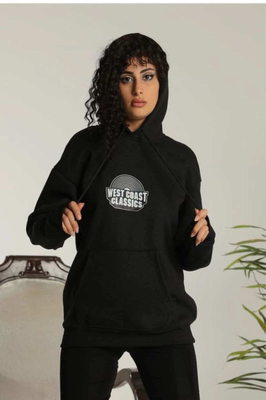 Kadın Sırt Baskılı Kapüşonlu Üç İplik Oversize Sweatshirt - Siyah