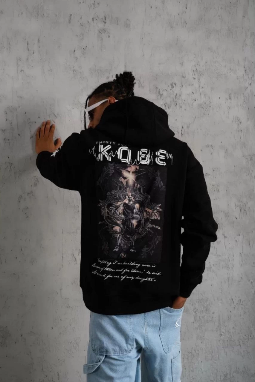 ERKEK Sırt Baskılı Kapüşonlu Üç İplik Oversize Sweatshirt - Siyah