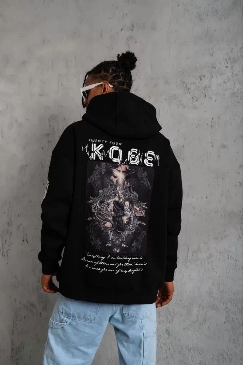 ERKEK Sırt Baskılı Kapüşonlu Üç İplik Oversize Sweatshirt - Siyah
