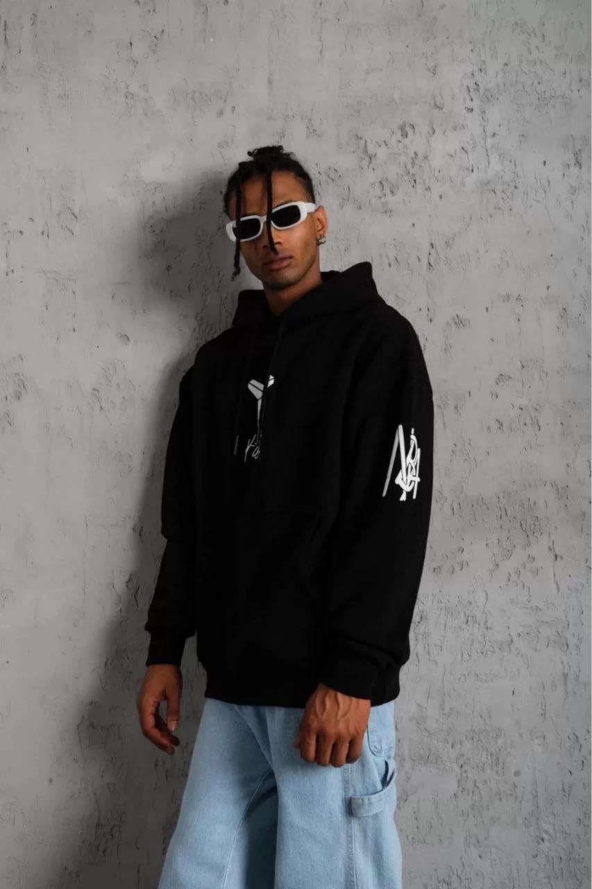 ERKEK Sırt Baskılı Kapüşonlu Üç İplik Oversize Sweatshirt - Siyah