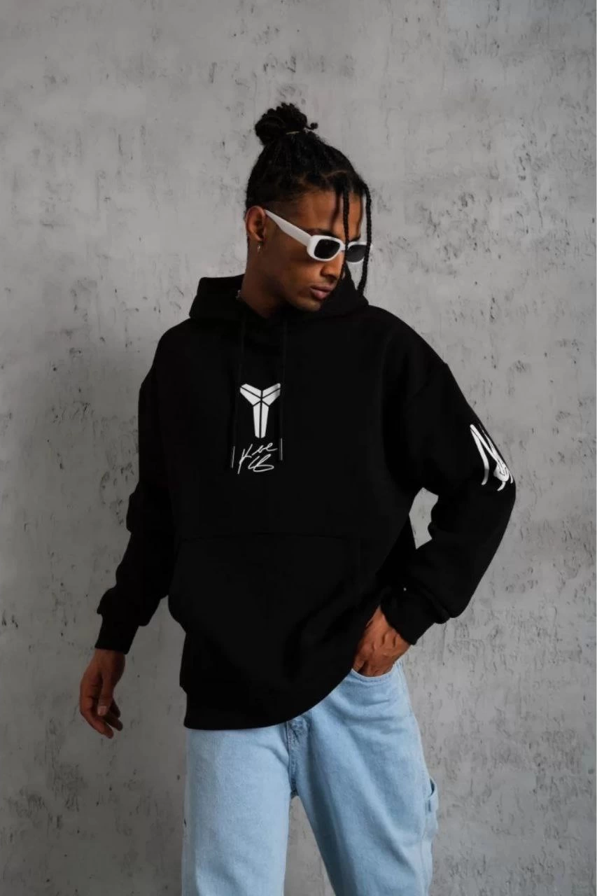 ERKEK Sırt Baskılı Kapüşonlu Üç İplik Oversize Sweatshirt - Siyah