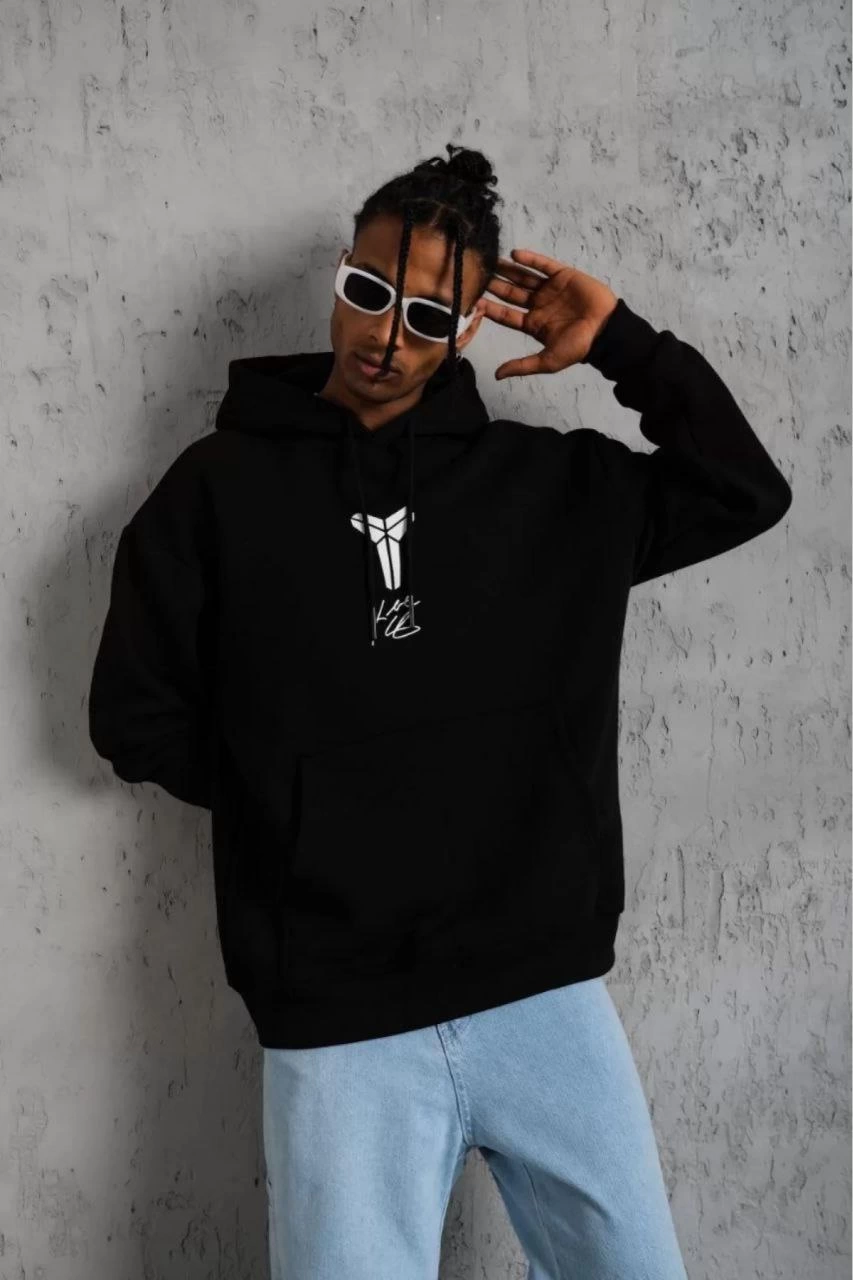 ERKEK Sırt Baskılı Kapüşonlu Üç İplik Oversize Sweatshirt - Siyah