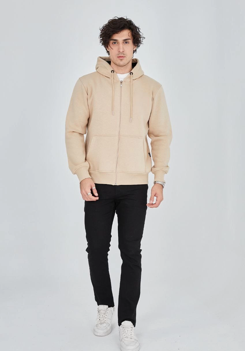 ERKEK Tam Fermuarlı Kapşonlu  SweatShirt - Bej